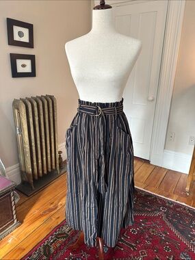 Promesa Black and Brown Striped Cotton Belted Midi Skirt